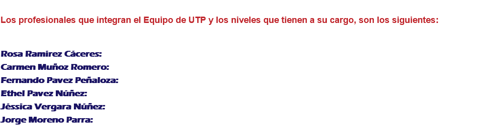  Los profesionales que integran el Equipo de UTP y los niveles que tienen a su cargo, son los siguientes: Rosa Ramírez Cáceres: Carmen Muñoz Romero: Fernando Pavez Peñaloza: Ethel Pavez Núñez: Jéssica Vergara Núñez: Jorge Moreno Parra: 